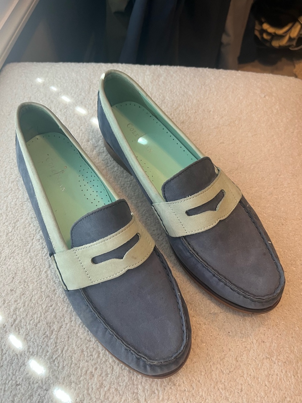 Cole Haan Suede Blue seafoam green two tone penny loafer shoes